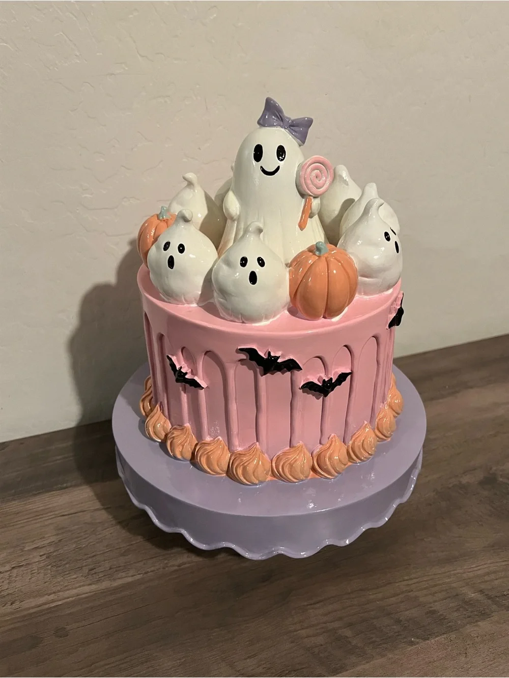 Halloween Ghost Bat & Pumpkin Cake Resin Table Decor Orange Pink & Purple